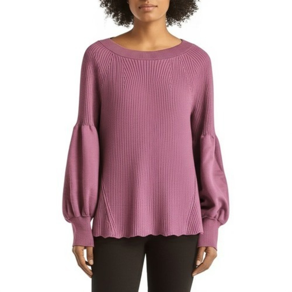 Chico's Size XL Pink Purple Puff Sleeve‎ Ribbed Knit Cozy Stylish Sweater